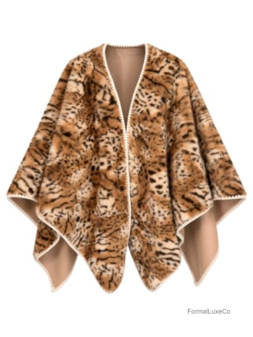 Faux Leopard Fur Poncho Cape Open Front Winter Shawl Wrap Stitched Edge